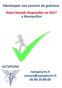 Promotional poster announcing healing-power development in Montpellier with dates coming in 2027; includes Metaphorm logo and contact info.